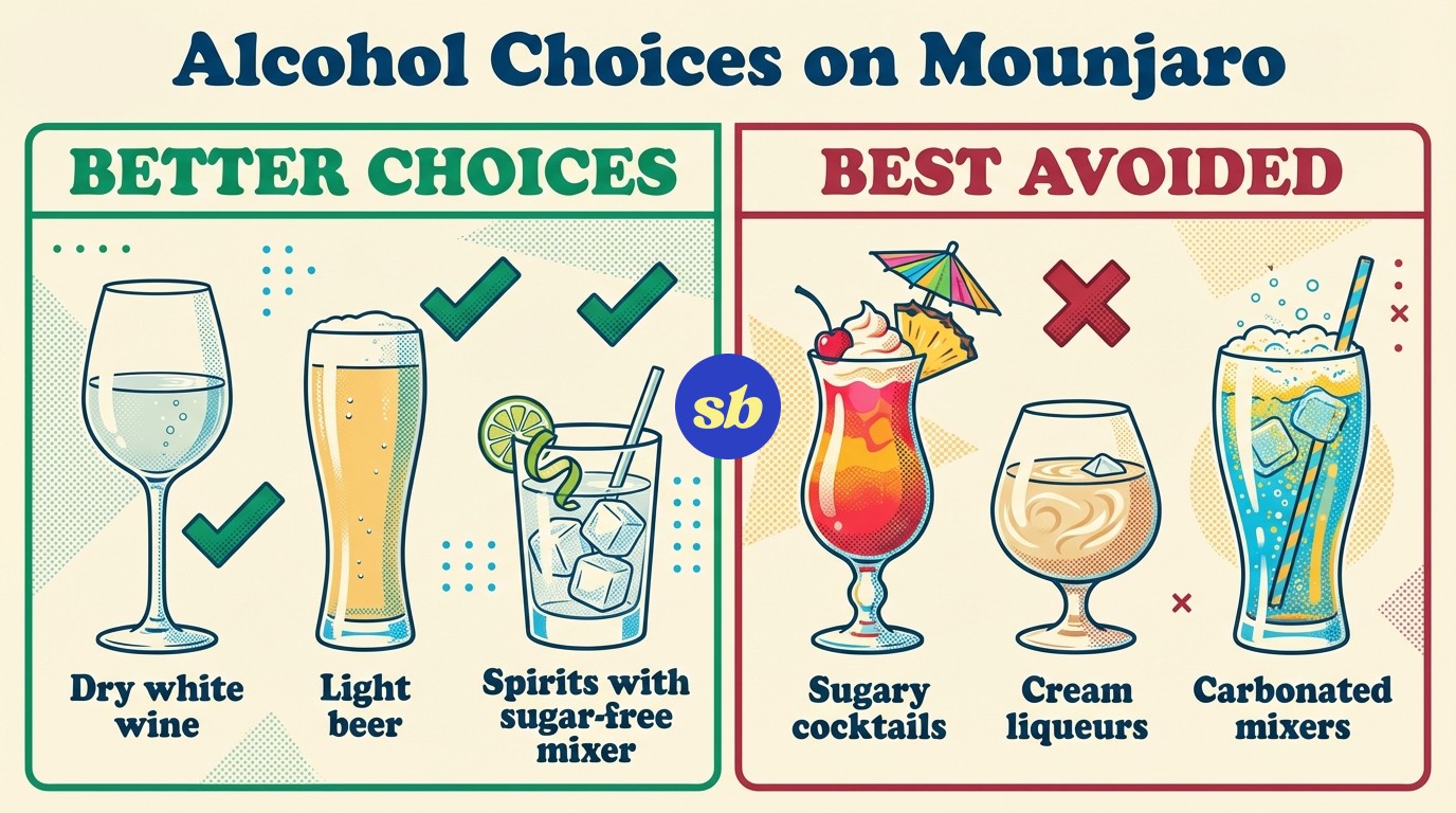 A comparison infographic showing better and worse alcohol choices on Mounjaro: dry wine, light beer, and spirits with sugar-free mixers on the positive side; sugary cocktails, cream liqueurs, and carbonated mixers on the negative side.