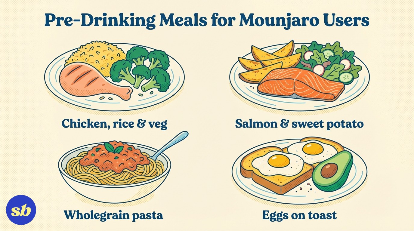 A meal card showing four nausea-friendly pre-drinking meals for Mounjaro users: grilled chicken with rice, salmon with sweet potato, wholegrain pasta, and eggs on toast, each with illustrated ingredients.
