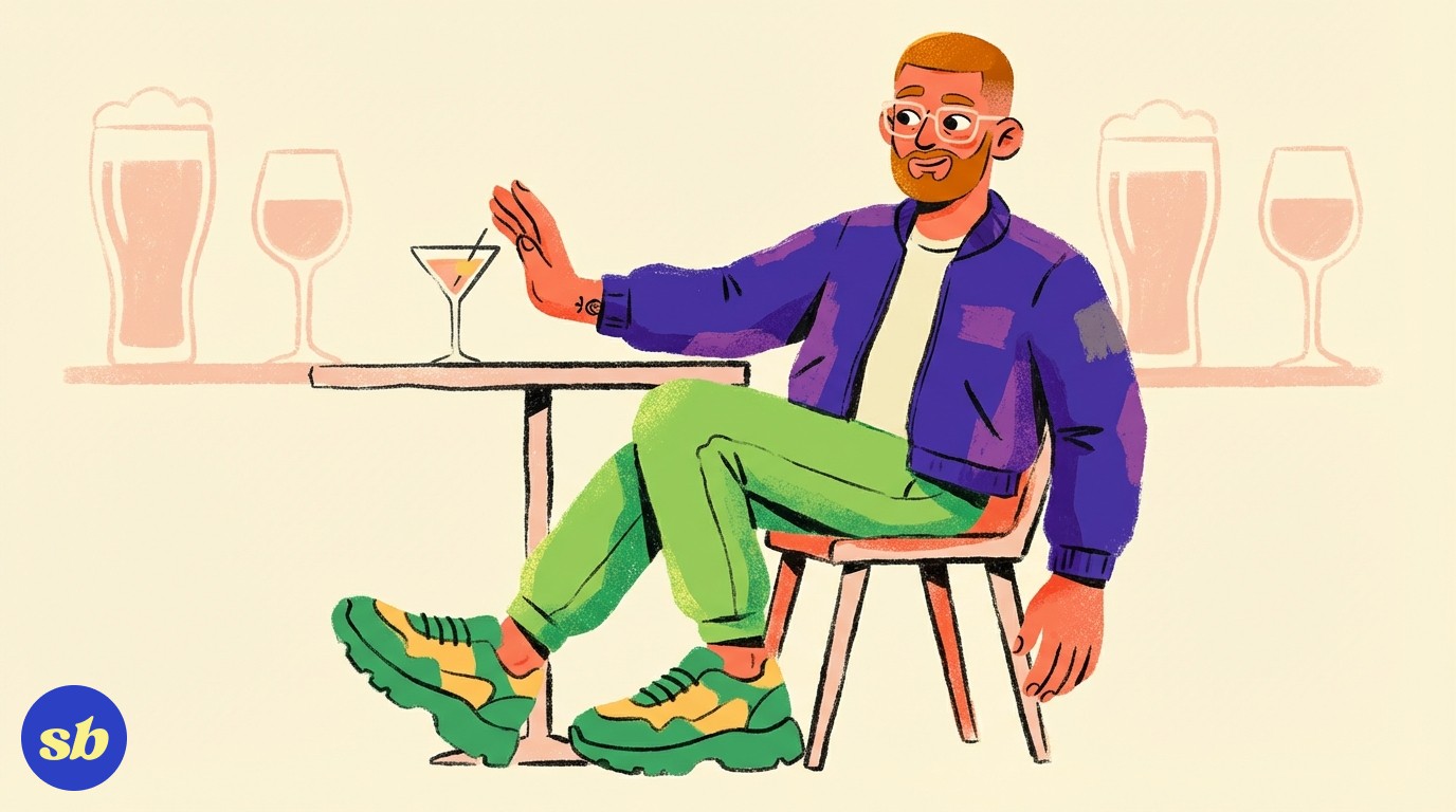 A person calmly pushing away a cocktail glass with a relaxed expression, with a faded-out beer and wine glass in the background suggesting reduced interest in alcohol.