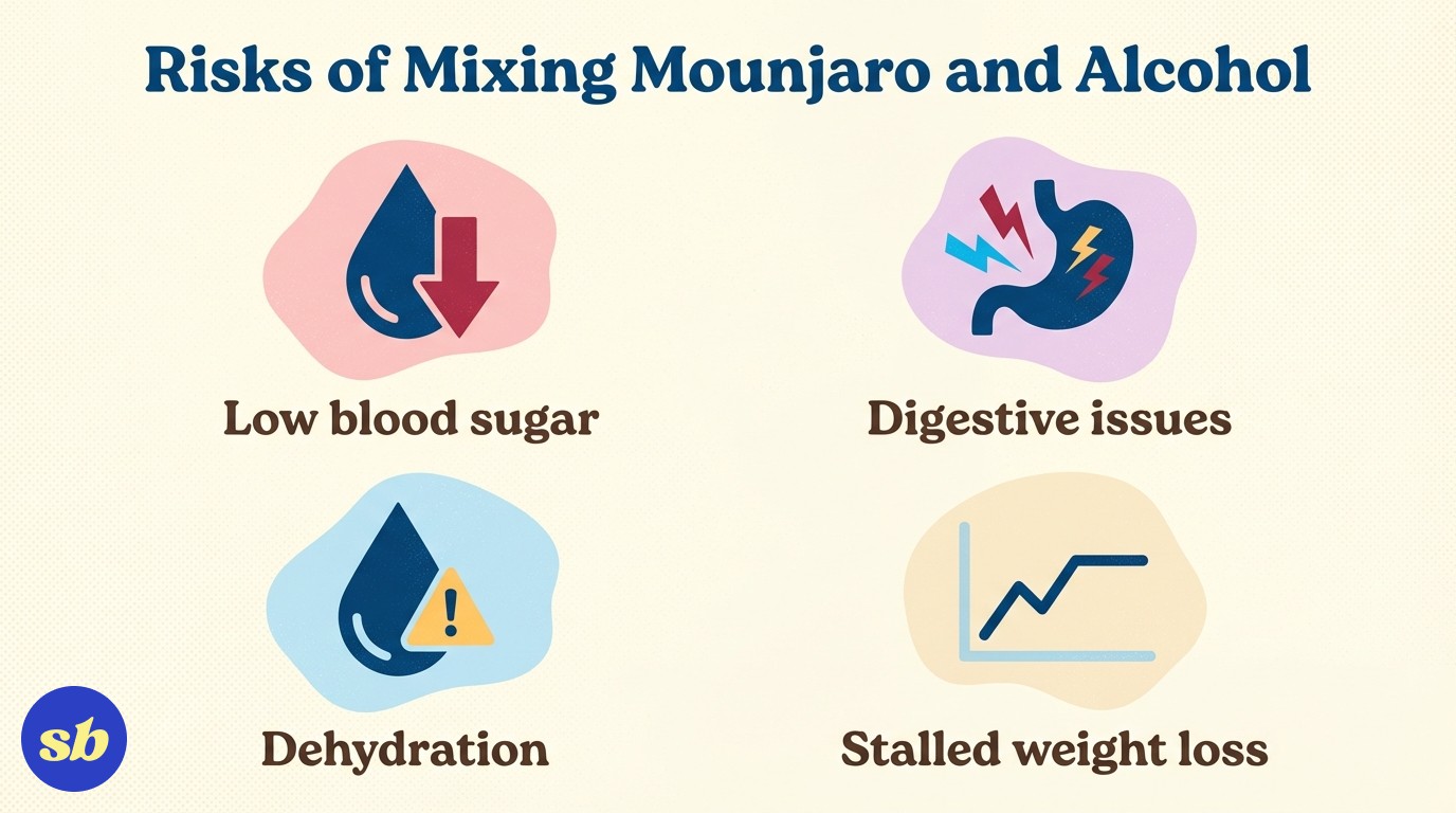 A four-icon infographic showing the risks of mixing Mounjaro and alcohol: low blood sugar, stomach problems, dehydration, and stalled weight loss, each with an icon and label.