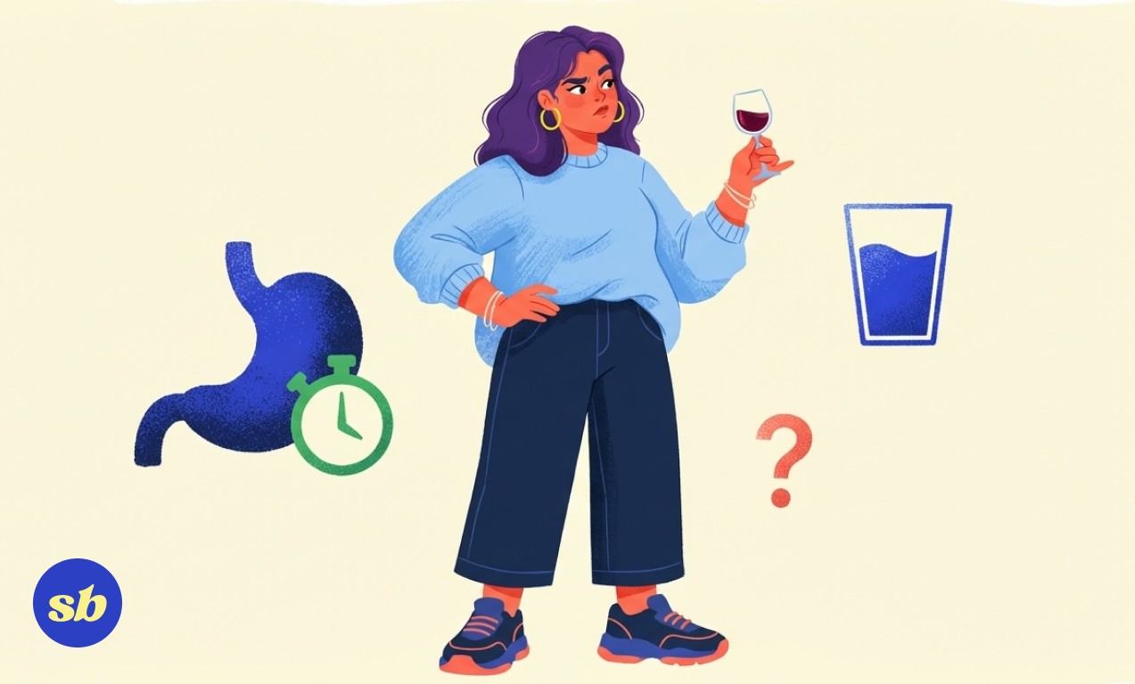 A person holding a wine glass thoughtfully, surrounded by a stomach icon, a water glass, and a clock, suggesting careful consideration of alcohol timing on Mounjaro.