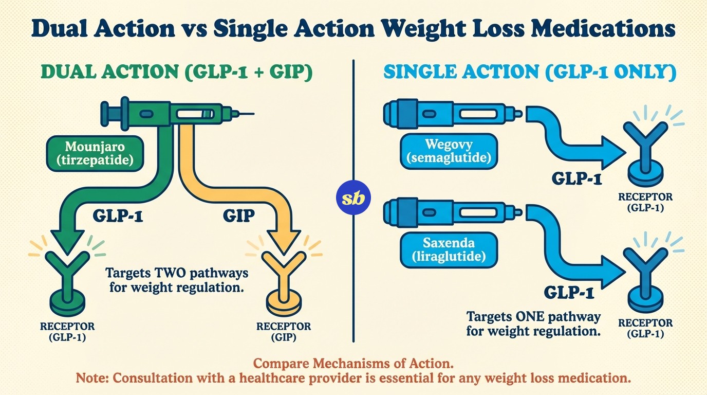 A comparison infographic showing Mounjaro targeting both GLP-1 and GIP receptors on the left, versus Wegovy and Saxenda targeting GLP-1 only on the right.