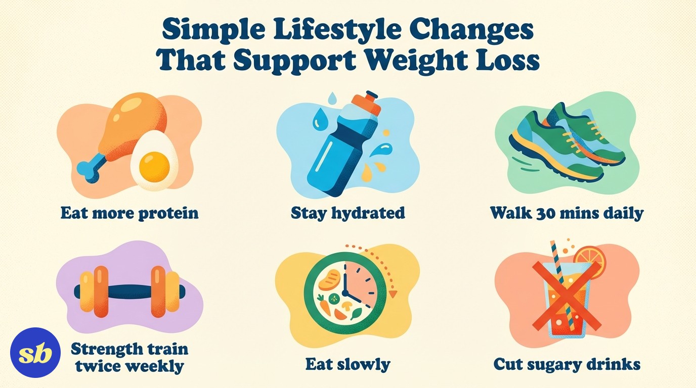 A six-item infographic showing practical diet and exercise tips: eat more protein, stay hydrated, walk daily, try strength training, eat slowly, and cut sugary drinks.