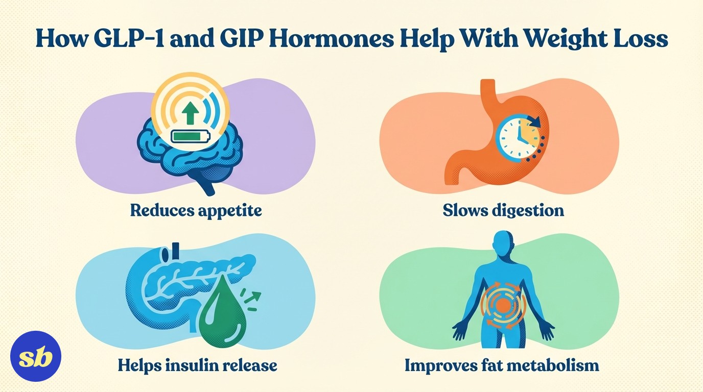 An infographic explaining how GLP-1 and GIP hormones work, with four icons showing appetite suppression, slowed digestion, insulin release, and fat metabolism.