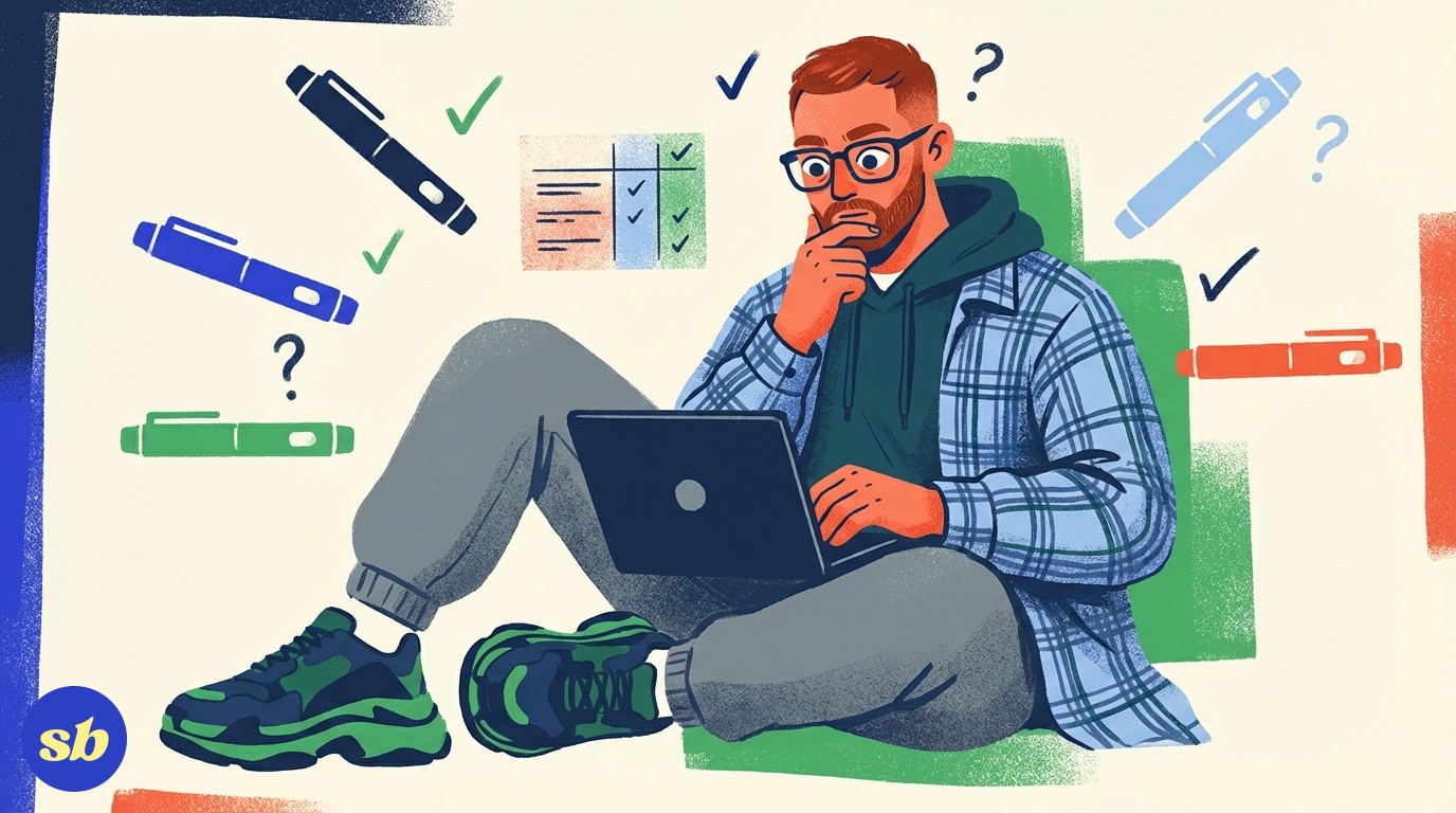 A person sitting casually and looking at a laptop screen, researching weight loss medication options, with floating medication icons and comparison symbols around them.