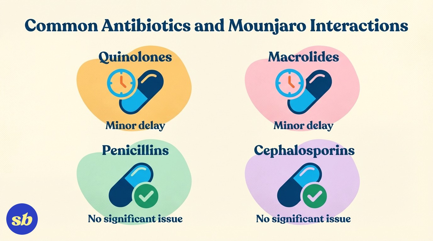 An infographic showing four common antibiotic classes and their interaction level with Mounjaro: quinolones and macrolides with minor absorption delay, penicillins and cephalosporins with no significant interaction.