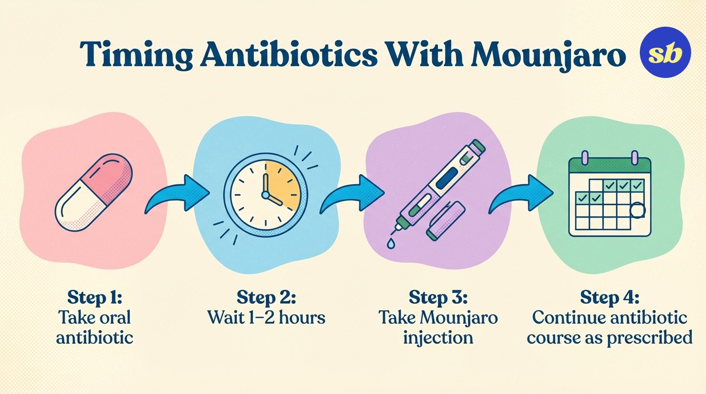 A four-step process diagram showing how to time antibiotics and Mounjaro: take antibiotics first, wait 1–2 hours, take Mounjaro injection, then continue antibiotics as prescribed.