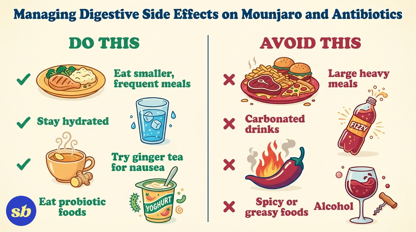 A comparison infographic showing foods and habits that help manage digestive side effects versus those to avoid while taking Mounjaro and antibiotics.
