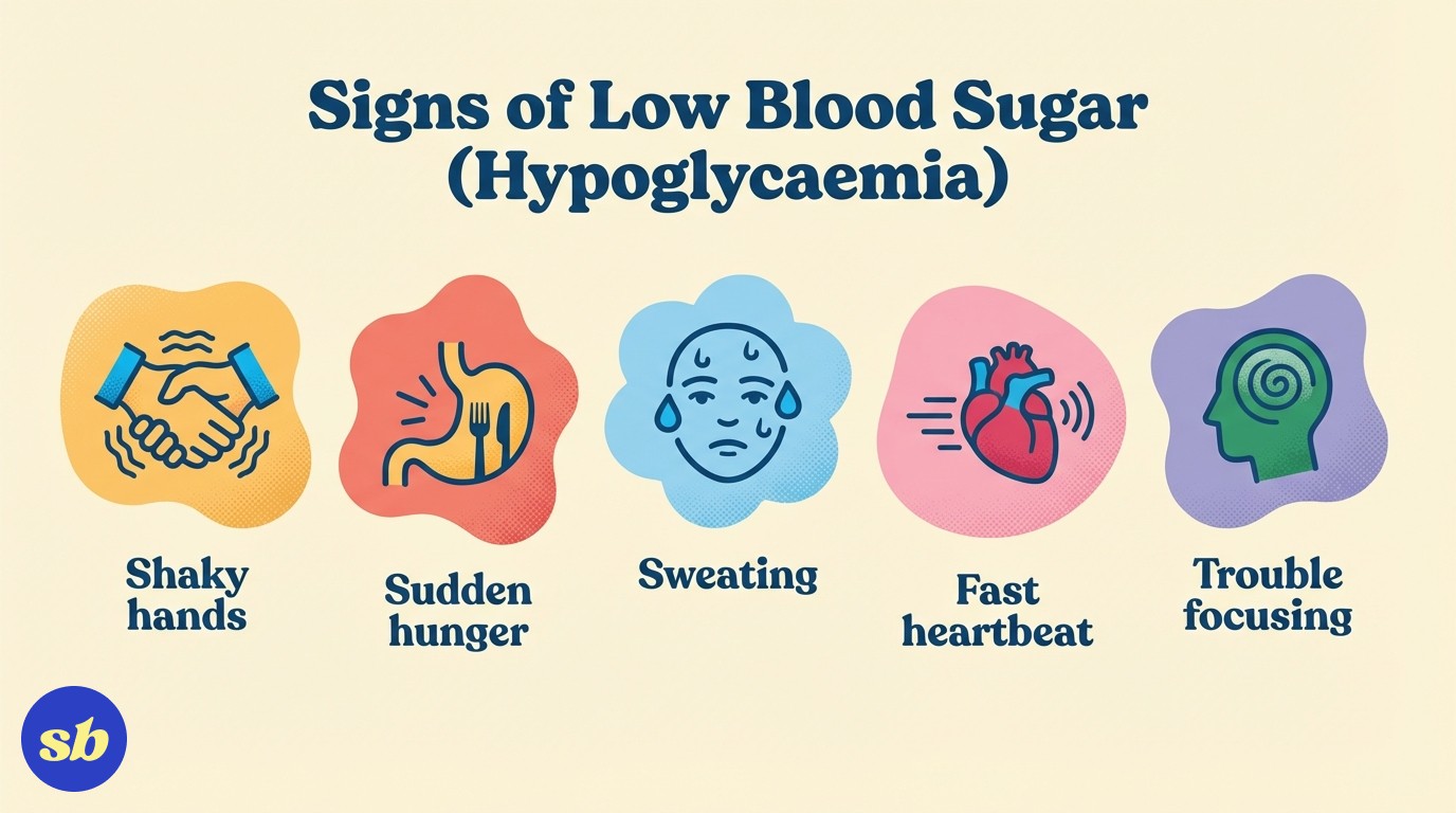 An infographic showing five signs of low blood sugar: shaky hands, sudden hunger, unexplained sweating, fast heartbeat, and difficulty concentrating, each with an icon and label.