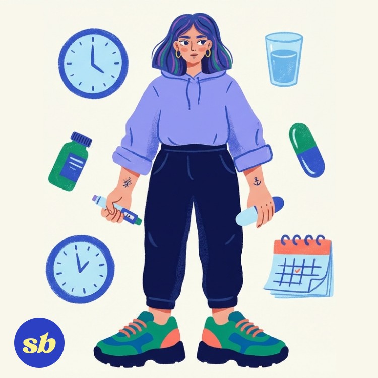 A person in casual streetwear holding a medication pen in one hand and an antibiotic capsule in the other, looking thoughtful, surrounded by a clock, water glass, and calendar icons.