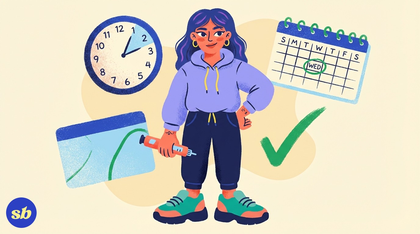A person in casual clothing holding a Mounjaro pen, looking relaxed and confident, with a clock and calendar floating nearby suggesting flexible timing.