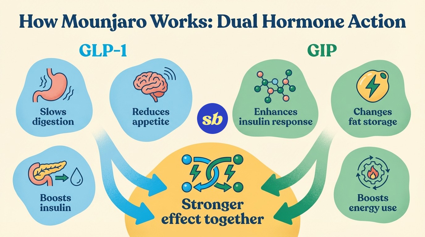 An infographic titled 'How Mounjaro Works: Dual Hormone Action' showing two pathways — GLP-1 slowing digestion and reducing appetite, and GIP boosting insulin response and changing fat storage — combining for a stronger effect.