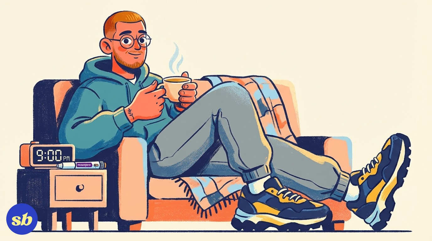 A person sitting comfortably on a sofa with a cup of ginger tea, looking calm, with a bedside clock showing evening time and a Mounjaro pen on the side table.