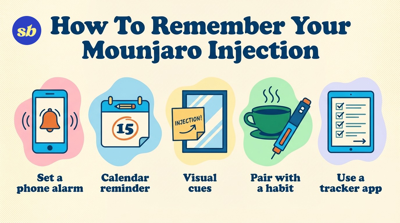 An infographic titled 'How To Remember Your Mounjaro Injection' showing five reminder strategies: phone alarm, calendar alert, visual cues, habit pairing, and medication tracker app.