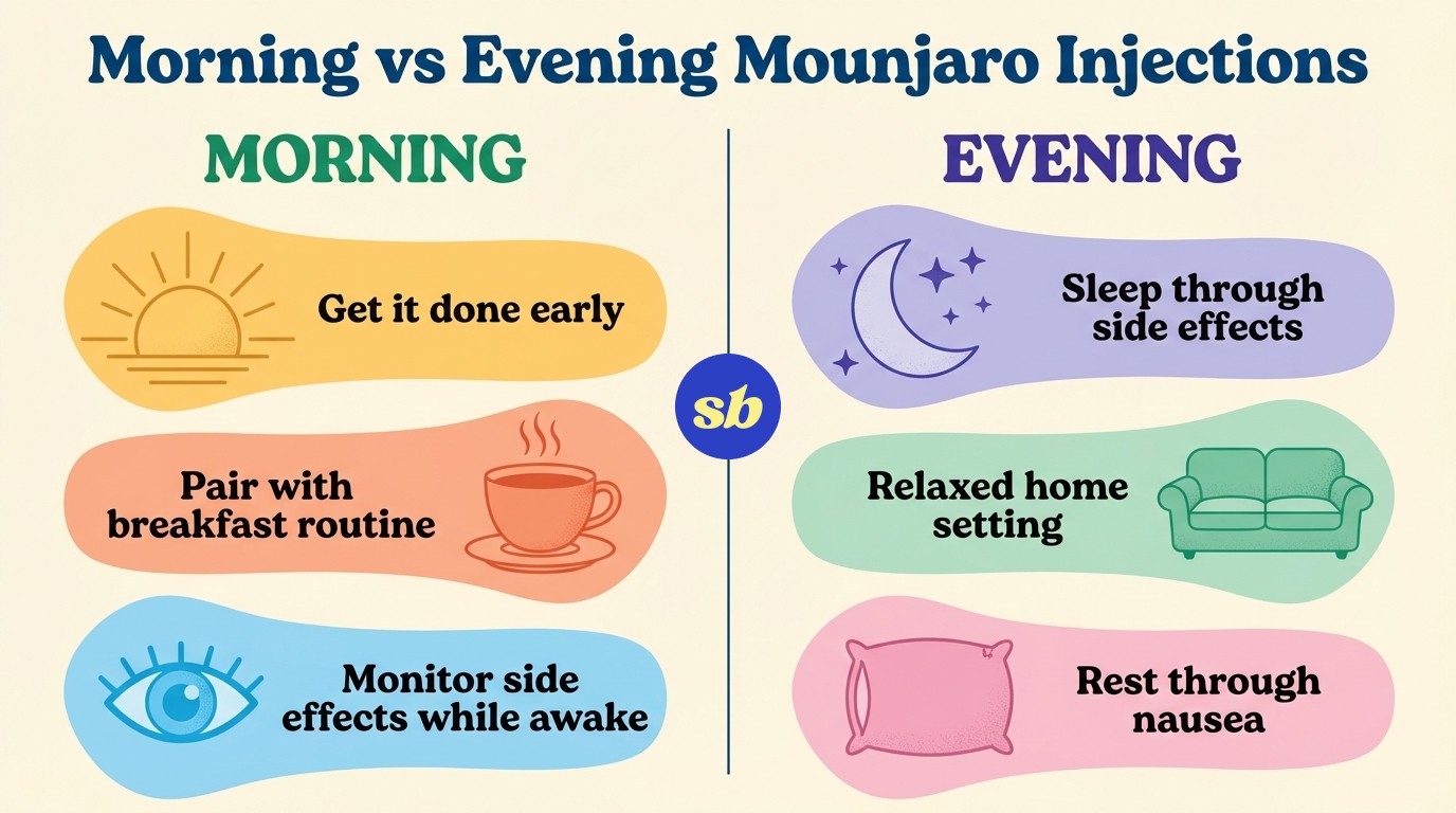 A comparison infographic titled 'Morning vs Evening Mounjaro Injections' showing benefits of each timing option, with a sunrise icon on the left and moon icon on the right.