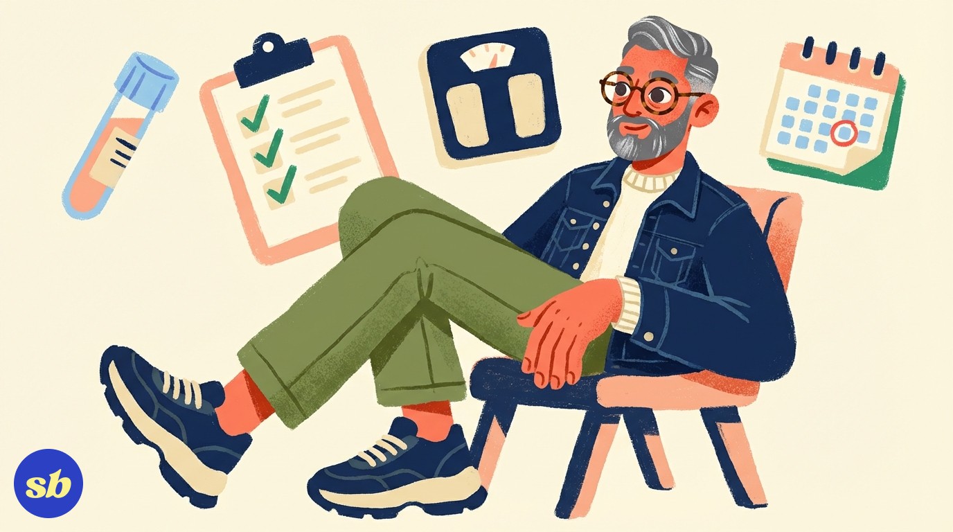 A person in a comfortable GP consultation setting, sitting across from a friendly doctor, with icons showing blood tests, weight checks, and a checklist floating nearby.