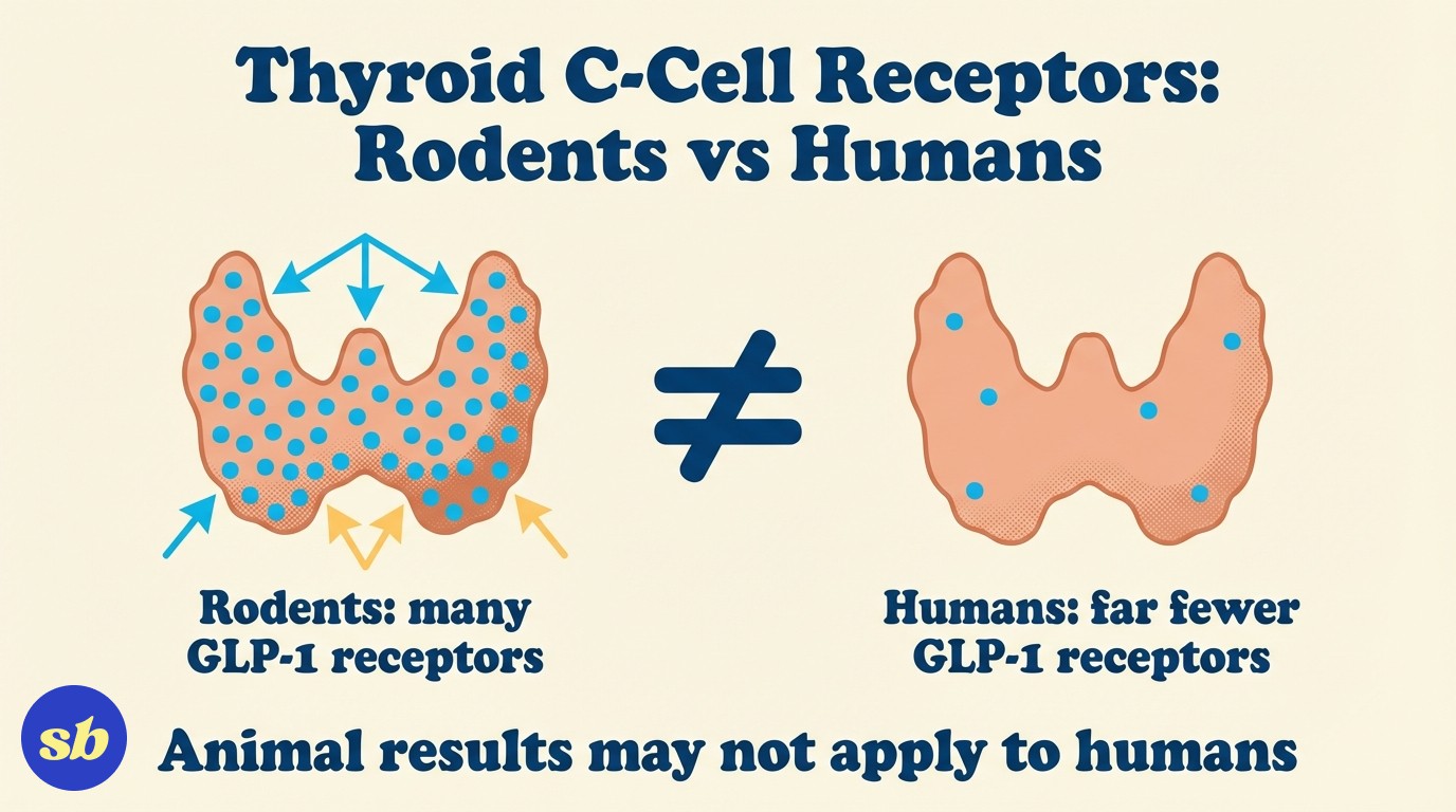An infographic comparing thyroid C-cell density in rodents versus humans, showing rodents have significantly more GLP-1 receptors on thyroid cells than humans.