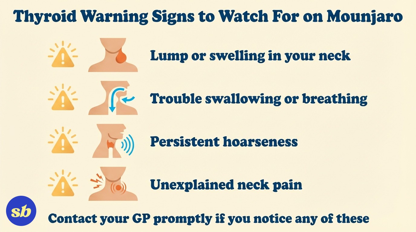 A checklist infographic titled "Thyroid Warning Signs to Watch For" listing four symptoms: neck lump, difficulty swallowing, persistent hoarseness, and unexplained neck pain, each with an icon.