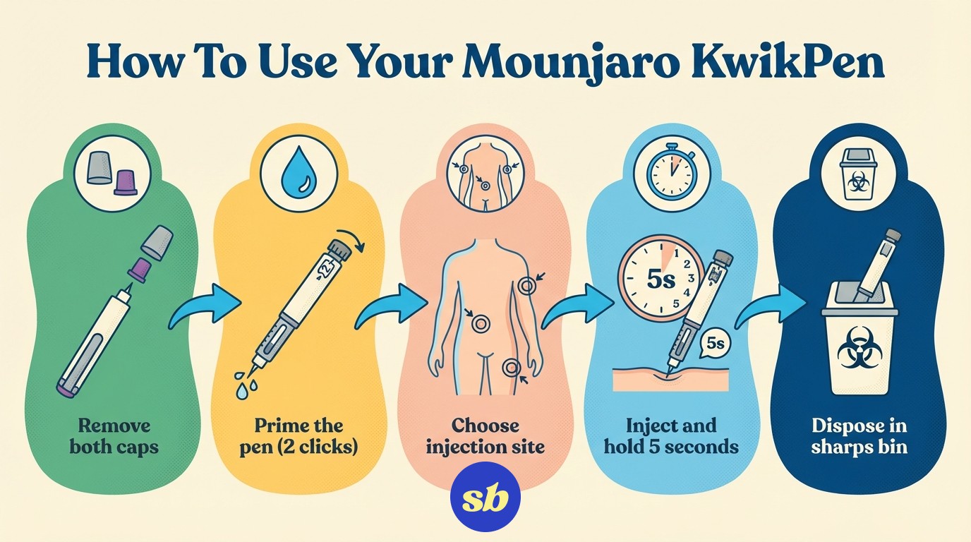 A 5-step process diagram showing how to use the Mounjaro KwikPen: remove caps, prime the pen, choose injection site, inject and hold, then dispose safely.