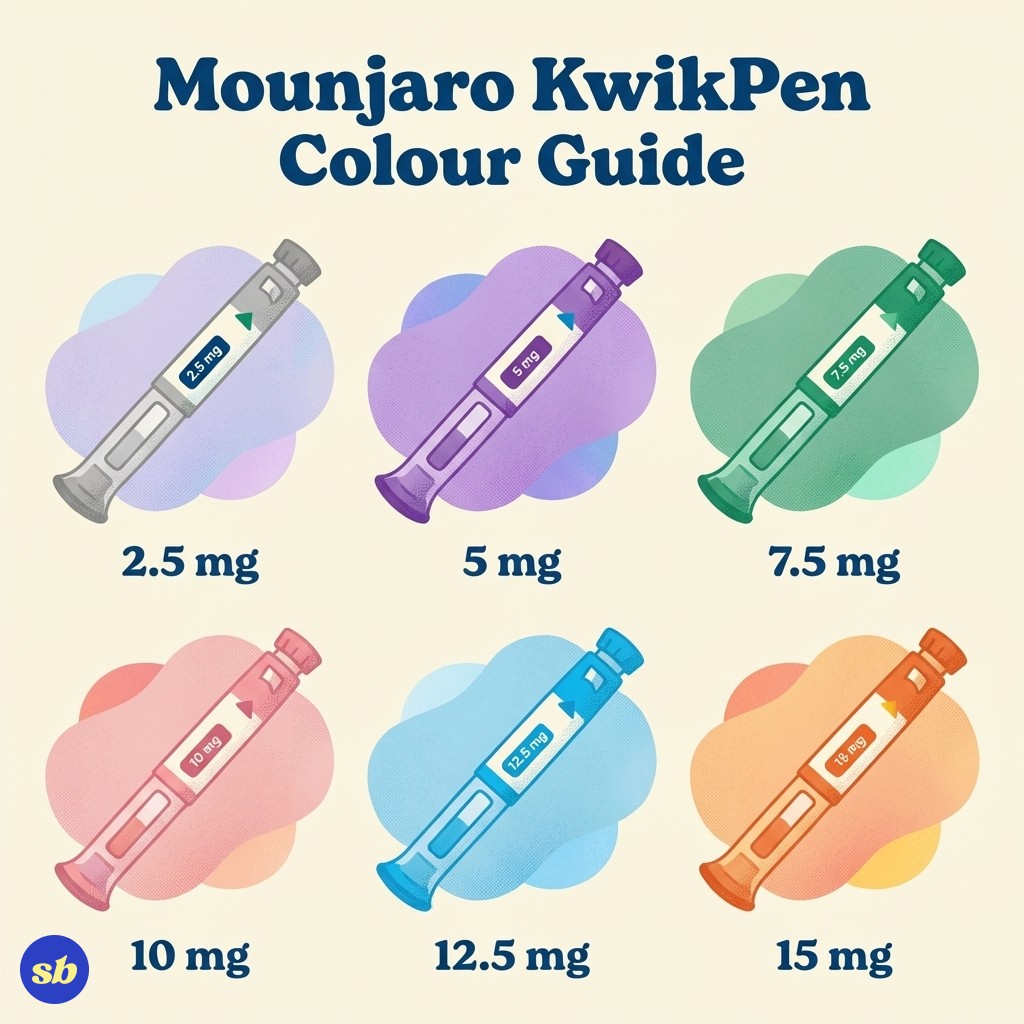 A 6-item infographic showing each Mounjaro pen dose with its corresponding colour: grey/purple for 2.5 mg, blue for 5 mg, green for 7.5 mg, orange for 10 mg, brown for 12.5 mg, and red for 15 mg.