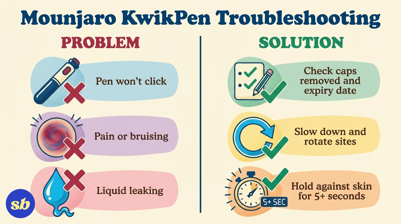 A comparison infographic showing common Mounjaro pen problems on the left and their solutions on the right, covering issues like pen not clicking, injection pain, and liquid leaking.