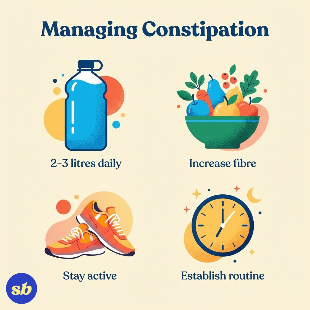 An infographic showing four key strategies for managing constipation: a water bottle for hydration, vegetables for fibre, trainers for activity, and a clock for routine.