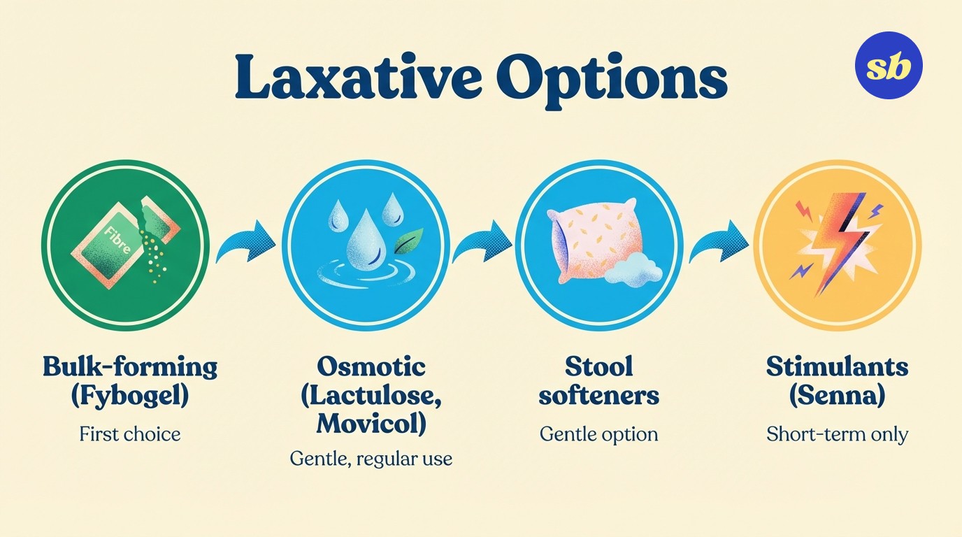 A process diagram showing the progression of laxative options from gentlest to strongest: bulk-forming, osmotic, stool softeners, and stimulant laxatives.