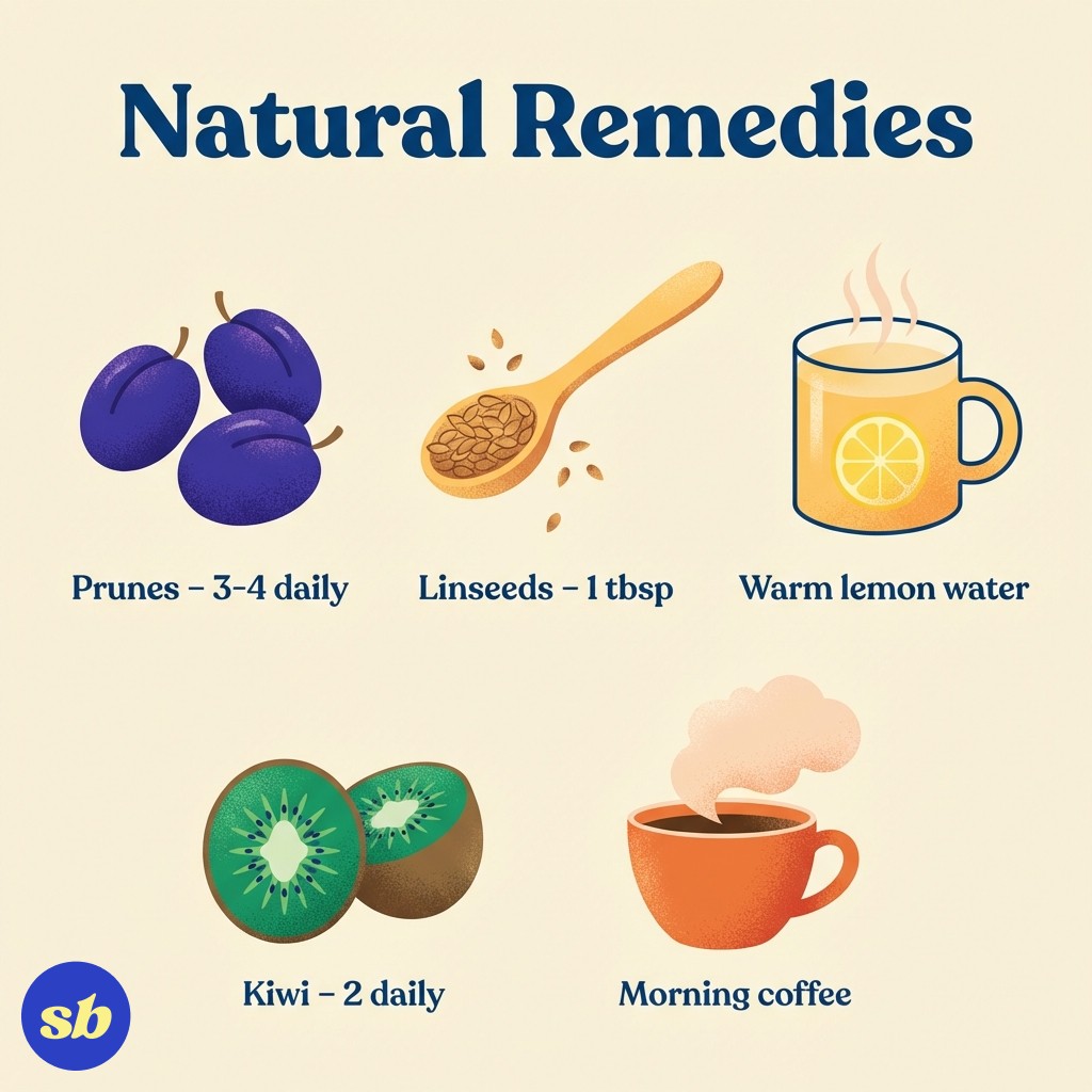 An illustrated recipe card showing natural constipation remedies: prunes, linseeds, warm lemon water, kiwi fruit, and coffee, each with a small icon and label.