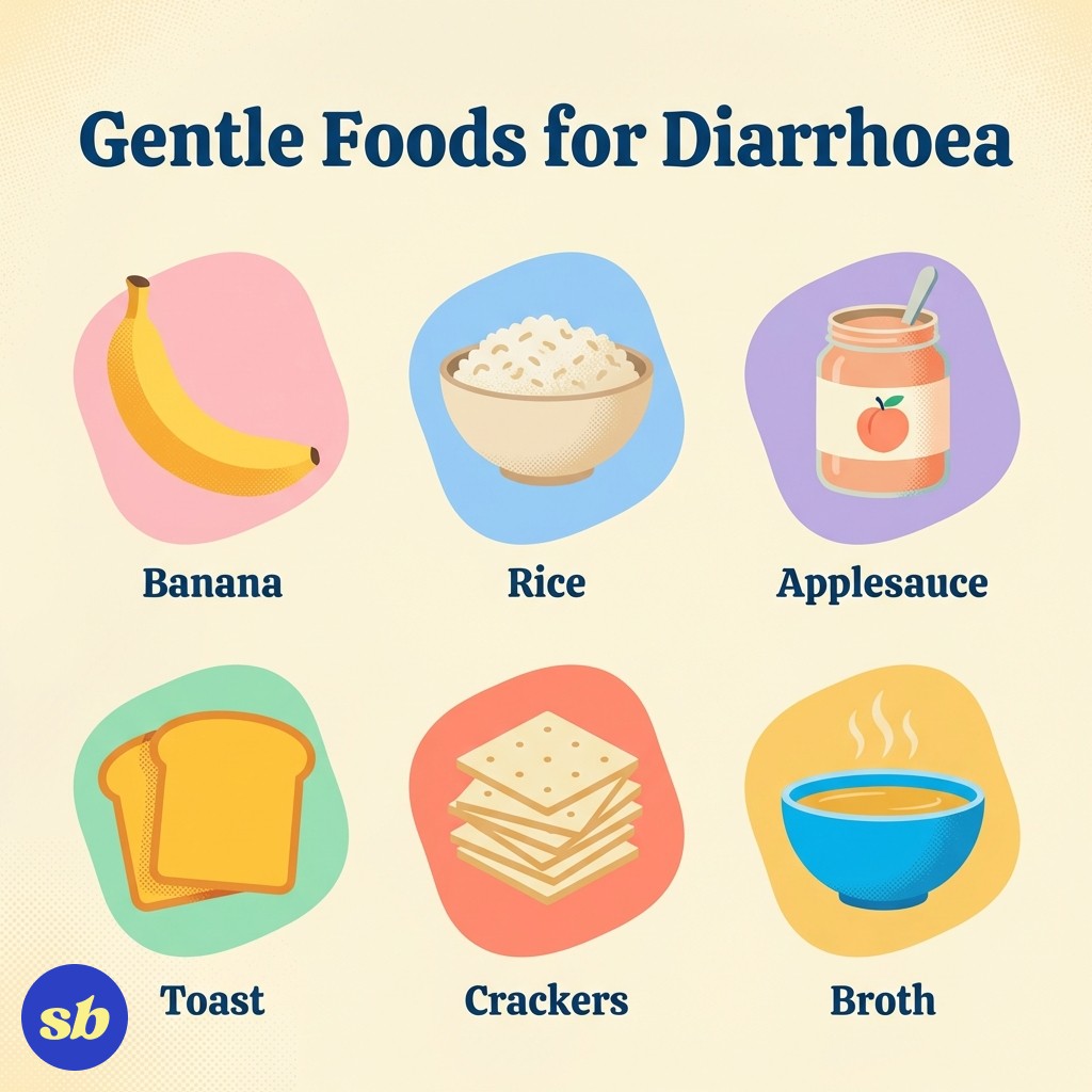 Recipe card showing the BRAT diet foods for settling an upset stomach: bananas, rice, applesauce, and toast, alongside other bland foods like crackers and plain chicken.