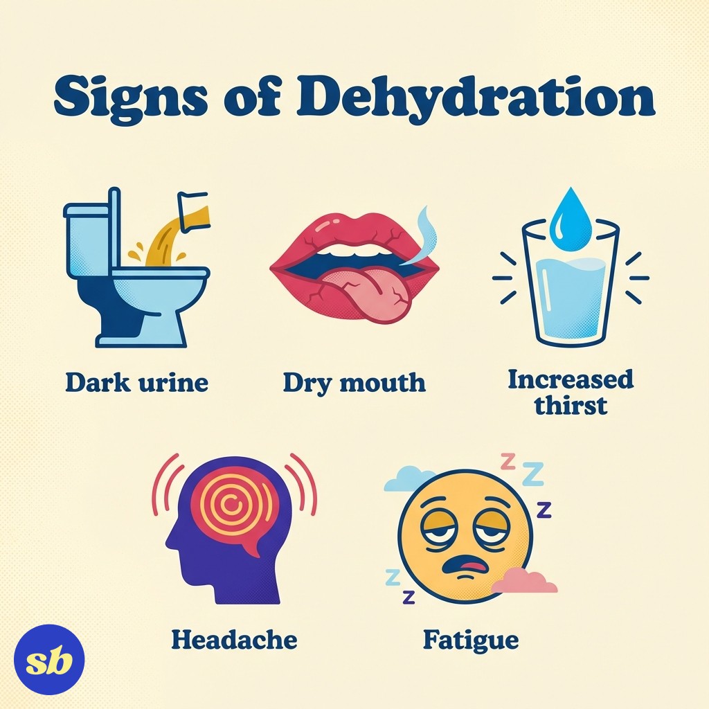 Infographic showing five signs of dehydration: dark urine, dry mouth, thirst, headache, and fatigue, each with an icon and label.