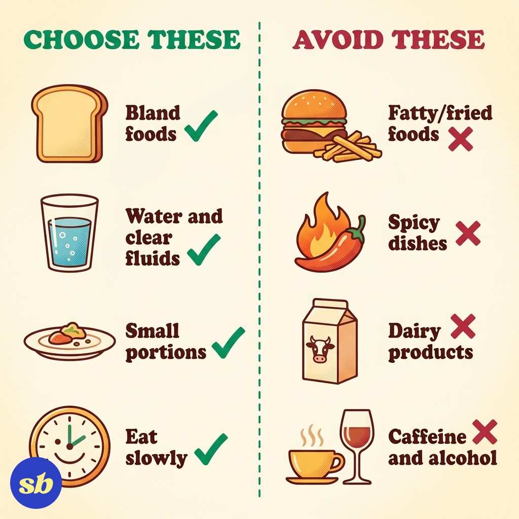 Comparison infographic showing foods to eat versus foods to avoid when experiencing diarrhoea on Mounjaro, with green ticks for helpful foods and red crosses for trigger foods.