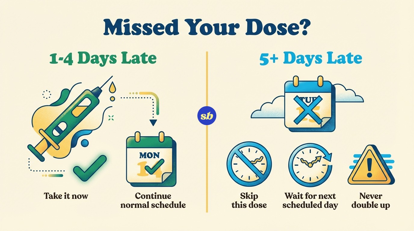 A decision flowchart for missed Mounjaro doses showing two pathways: if missed by 1-4 days, take the dose now then continue normal schedule; if missed by 5+ days, skip the dose and wait for next scheduled injection.