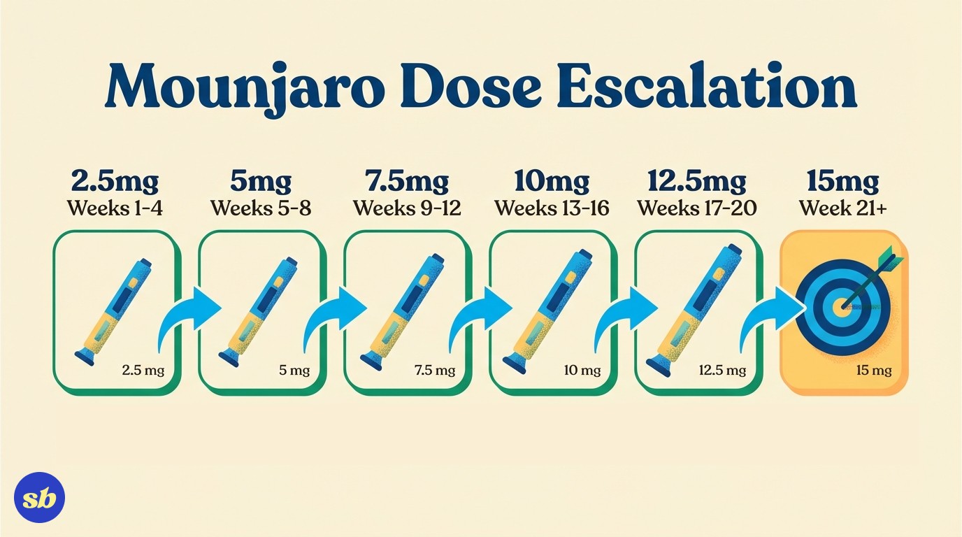 A 6-step timeline showing Mounjaro dose escalation from 2.5mg at weeks 1-4, progressing through 5mg, 7.5mg, 10mg, 12.5mg, to 15mg maximum dose at week 21 onwards. Each step shows the dose strength and week range.