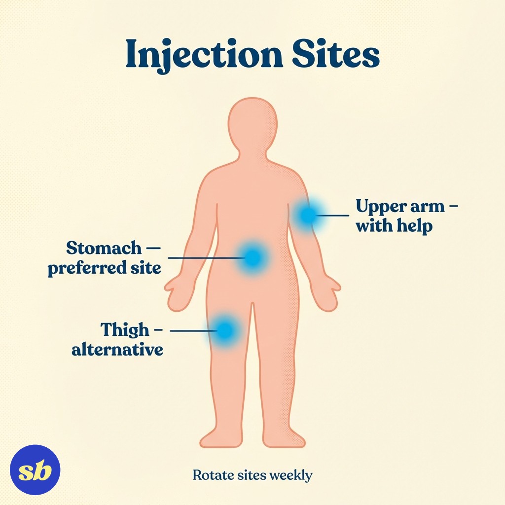 A simplified body diagram showing the three approved Mounjaro injection sites: stomach (preferred), thigh (alternative), and upper arm (with help from another person).