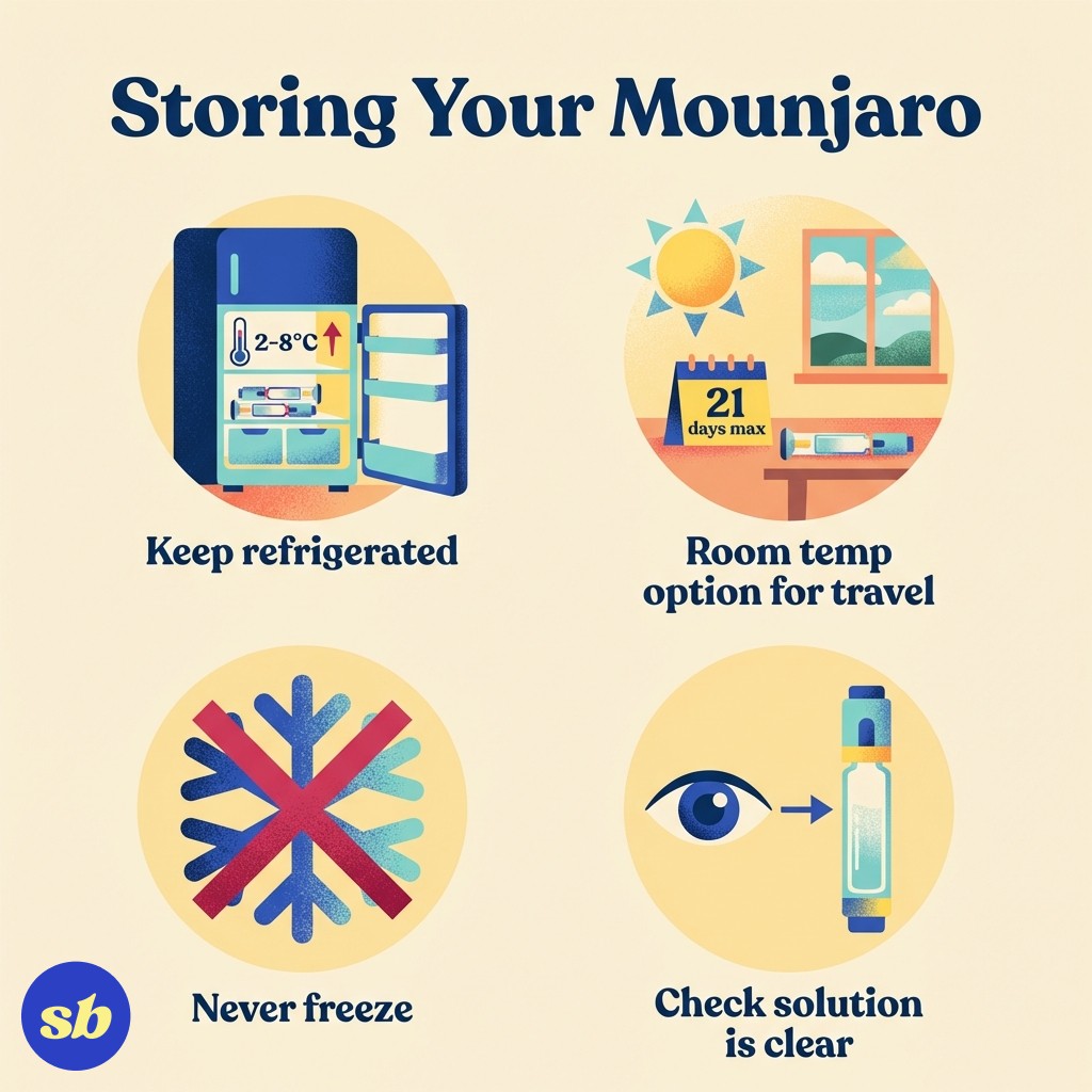 An infographic showing Mounjaro storage requirements: refrigerate at 2-8°C, can store at room temperature up to 21 days, never freeze, check solution is clear before use.