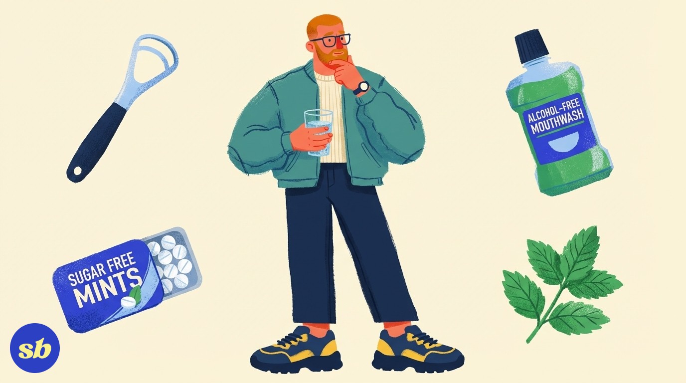 A person confidently holding a tongue scraper and a glass of water, surrounded by sugar-free mints, an alcohol-free mouthwash bottle, and fresh herbs, representing bad breath management strategies.