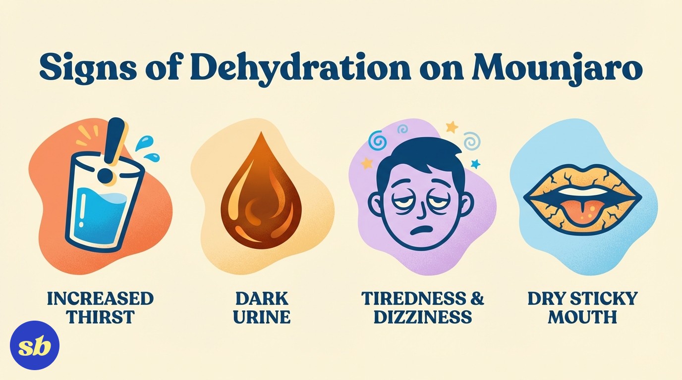 A 4-item infographic showing signs of dehydration on Mounjaro: increased thirst, dark urine, tiredness or dizziness, and dry sticky mouth, each with an icon and label.