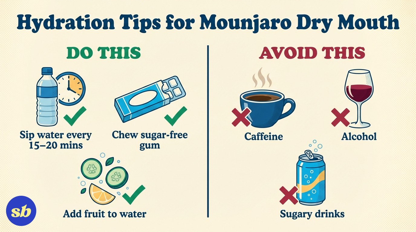 A comparison infographic showing hydration dos and don'ts for Mounjaro dry mouth: sip water regularly, use sugar-free gum, eat hydrating foods on the positive side; avoid caffeine, alcohol, and sugary drinks on the negative side.