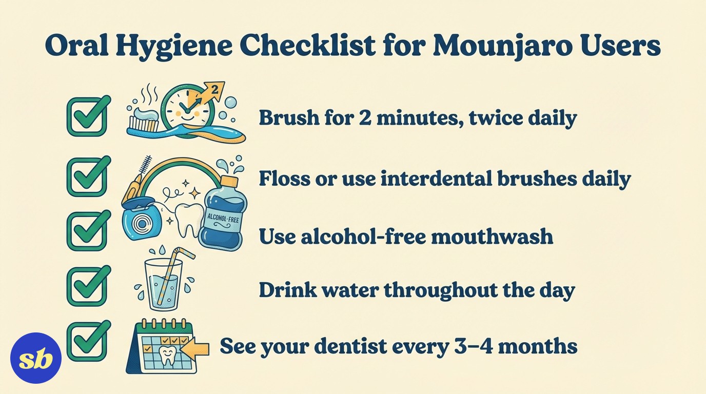 A checklist infographic showing 5 oral hygiene habits for Mounjaro users: brush twice daily, floss daily, use alcohol-free mouthwash, drink water throughout the day, and visit your dentist every 3–4 months.