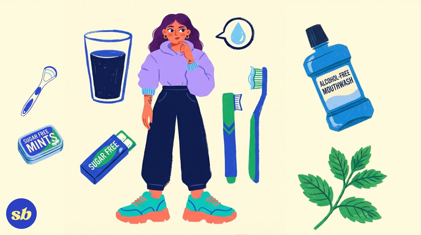 A person standing calmly with hand near their mouth, surrounded by a water glass, sugar-free gum, a toothbrush, and a saliva drop icon, representing dry mouth management on Mounjaro.