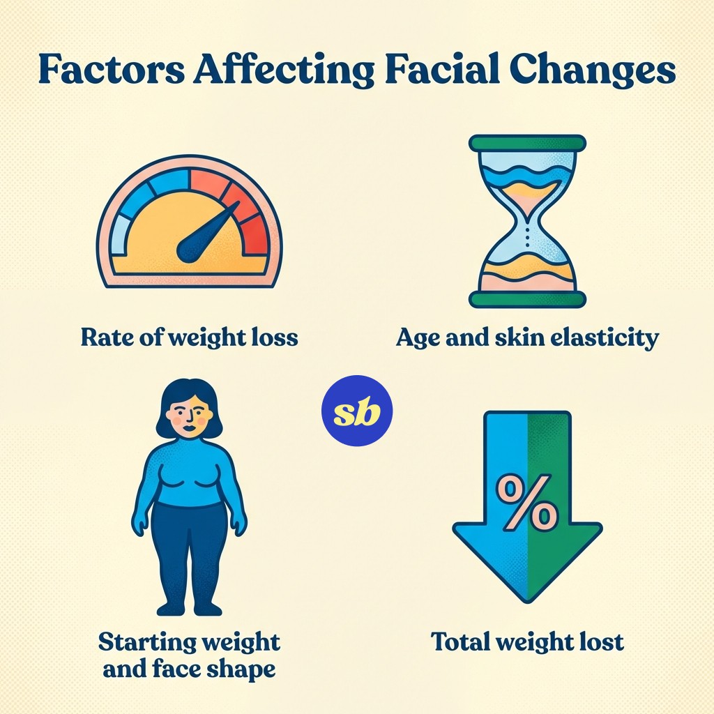 An infographic showing four factors that influence facial changes during weight loss: rate of weight loss, age and skin elasticity, starting weight, and total weight lost.