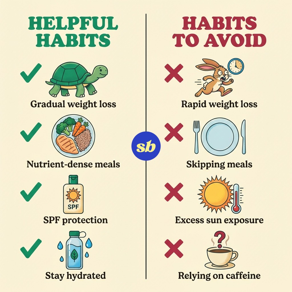 A comparison infographic showing helpful habits on one side (gradual weight loss, good nutrition, sun protection) and habits to avoid on the other (crash dieting, skipping meals, sun exposure).