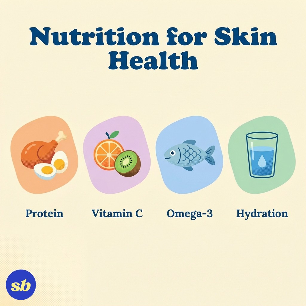 An infographic showing four nutritional priorities for skin health during weight loss: protein, vitamin C, omega-3 fatty acids, and hydration.