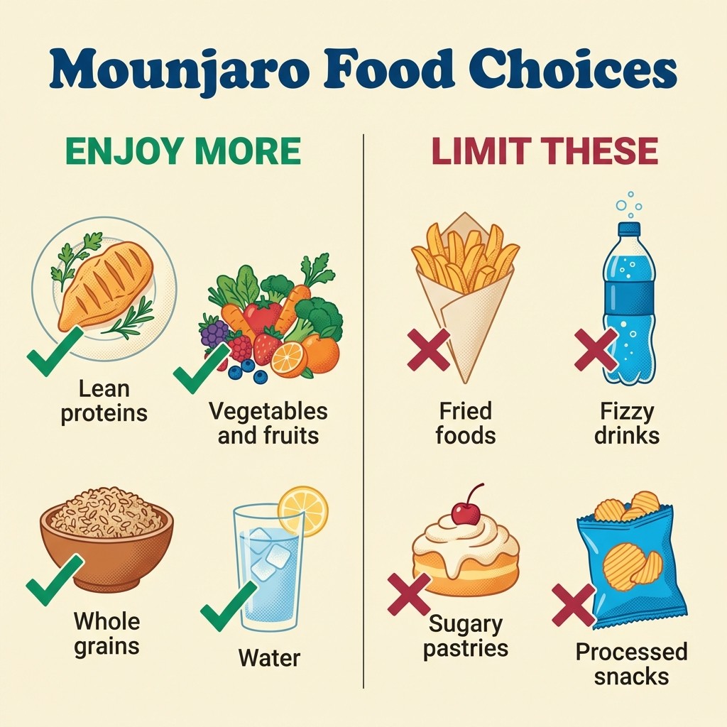 A split comparison infographic titled 'Mounjaro Food Choices' showing foods to enjoy on the left (grilled chicken, vegetables, brown rice, water) and foods to limit on the right (fried chips, fizzy drinks, pastries, processed snacks), with green ticks and red crosses.