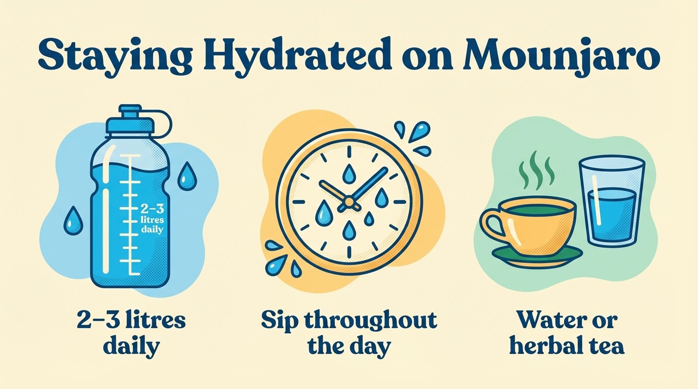 An infographic showing a water bottle marked with '2–3 litres daily' alongside a clock icon and a checklist, titled 'Staying Hydrated on Mounjaro'.