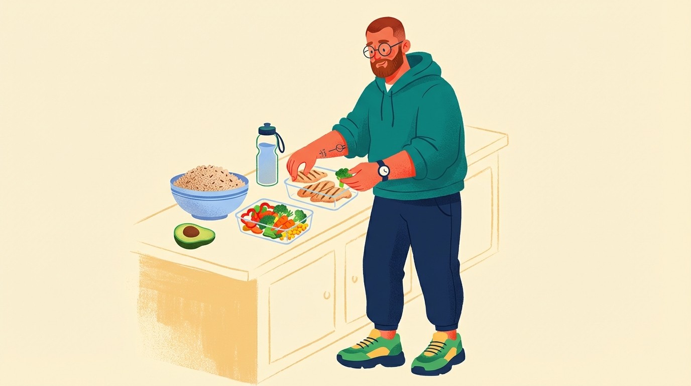 A person in casual streetwear standing at a kitchen counter surrounded by containers of prepped meals including grilled chicken, chopped vegetables, brown rice, and a water bottle.