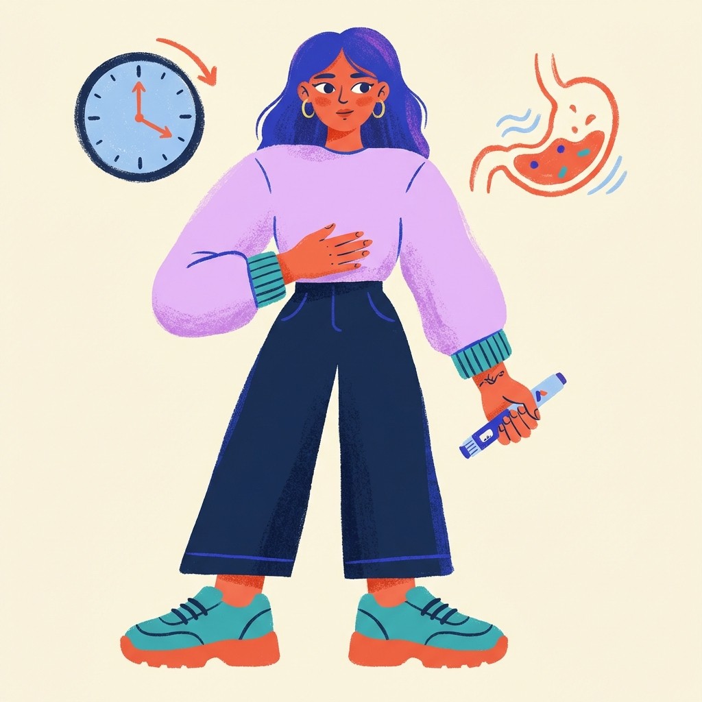 A person standing thoughtfully with a hand resting gently on their stomach, surrounded by floating icons of a medication pen, a slowed clock, and a simplified stomach diagram showing food moving slowly.