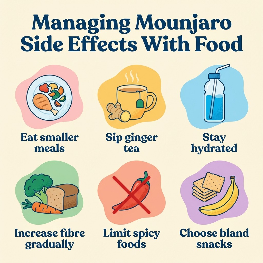 A six-item infographic titled 'Managing Mounjaro Side Effects With Food' showing icons for eating smaller meals, sipping ginger tea, staying hydrated, increasing fibre gradually, avoiding spicy foods, and choosing bland snacks.