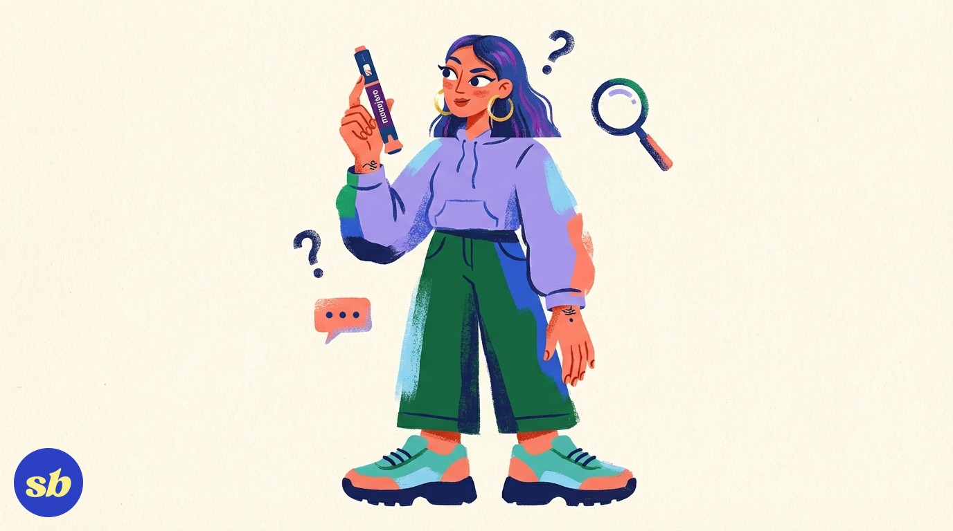 A person looking curiously at a Mounjaro KwikPen, with question marks and a magnifying glass floating nearby.