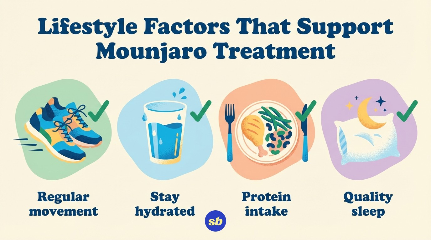 A four-icon infographic showing lifestyle factors that support Mounjaro treatment: regular movement, adequate water, protein intake, and sleep quality.